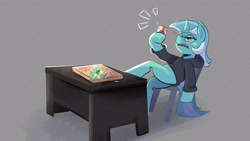 Size: 1920x1080 | Tagged: safe, artist:another_pony, lyra heartstrings, oc, oc:anon, human, pony, unicorn, fanfic:background pony, g4, alcohol, beer, chair, clothes, dig the swell hoodie, drunk, food, futurama, hoodie, male, philip j. fry, pizza, pizza box, solo