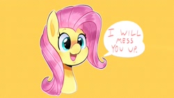 Size: 1920x1080 | Tagged: safe, artist:another_pony, fluttershy, pegasus, pony, g4, badass, bust, cute, dialogue, female, flutterbadass, mare, portrait, shyabetes, smiling, solo, speech bubble, threat