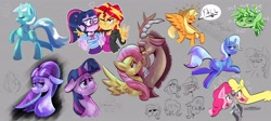 Size: 4096x1828 | Tagged: safe, artist:another_pony, applejack, discord, fluttershy, lyra heartstrings, oleander (tfh), paprika (tfh), pinkie pie, sci-twi, spike, starlight glimmer, sunset shimmer, tempest shadow, trixie, twilight sparkle, oc, alicorn, dragon, earth pony, pegasus, pony, unicorn, them's fightin' herds, equestria girls, g4, alicornified, applecorn, broken horn, community related, crying, eyes closed, happy, horn, hug, implied lesbian, implied scitwishimmer, implied shipping, oleander is not amused, race swap, sad, sketch, smiling