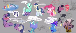 Size: 4096x1768 | Tagged: safe, artist:another_pony, apple bloom, applejack, bon bon, dj pon-3, lyra heartstrings, maud pie, octavia melody, pinkie pie, princess ember, rarity, spike, starlight glimmer, surprise, sweetie drops, trixie, twilight sparkle, vinyl scratch, zecora, alicorn, dragon, earth pony, pegasus, pony, shark, unicorn, g4, arson, blushing, book, chest fluff, clothes, costume, dialogue, faic, female, i am the lizard queen, lesbian, lidded eyes, looking at you, ship:lyrabon, ship:rarilight, ship:startrix, shipping, shoulder devil, sketch, smiling, socks, striped socks, swimming, thigh highs, twilight sparkle (alicorn), unamused, water