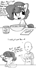 Size: 2700x5400 | Tagged: safe, artist:tjpones, trixie, oc, oc only, oc:brownie bun, oc:richard, earth pony, human, pony, g4, black and white, comic, dialogue, eating, female, food, grayscale, husband and wife, male, mare, monochrome, pickles, potato salad, simple background, talking with your mouth full, white background