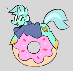 Size: 806x789 | Tagged: safe, artist:closedcaskett, lyra heartstrings, pony, unicorn, g4, clothes, donut, food, happy, hoodie, smiling, solo