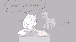 Size: 1920x1080 | Tagged: safe, artist:another_pony, bon bon, lyra heartstrings, sweetie drops, earth pony, pony, unicorn, g4, caught, dialogue, donut, food, fuck the police, l.u.l.s., mouth hold, sign, sketch, surprised