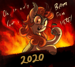 Size: 1495x1340 | Tagged: safe, artist:t72b, autumn blaze, kirin, g4, 2020, 2020 hate, autumn blaze's disaster puppet, bipedal, bipedal leaning, crazy face, faic, fangs, fire, leaning, looking at you, new year, talking to viewer, text, this is fine