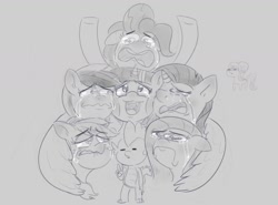 Size: 1409x1041 | Tagged: safe, artist:another_pony, applejack, fluttershy, pinkie pie, rainbow dash, rarity, spike, starlight glimmer, twilight sparkle, alicorn, dragon, earth pony, pegasus, pony, unicorn, g4, the last problem, applejack's hat, cowboy hat, crylight sparkle, floppy ears, fluttercry, hat, hug, looking up, male, mane eight, mane seven, mane six, open mouth, pinkie cry, sad, sadbow dash, sadjack, snot, unhapplejack, wavy mouth