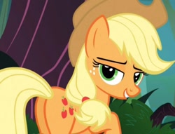 Size: 670x513 | Tagged: safe, screencap, applejack, earth pony, pony, g4, spike at your service, applebutt, bedroom eyes, butt, cowboy hat, cropped, female, grin, hat, looking at you, looking back, mare, plot, smiling, solo, stupid sexy applejack