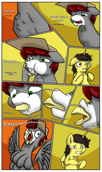 Size: 5075x8526 | Tagged: safe, artist:khaki-cap, oc, oc:khaki-cap, oc:tommy the human, alicorn, bird, earth pony, griffon, pony, comic:magical mishaps, absurd resolution, alicorn oc, asphyxiation, beak, birb, claws, comic, comic page, commissioner:bigonionbean, confused, crying, disturbing, earth pony oc, feather, forced, griffon oc, griffonized, horn, jean thicc, multiple characters, muzzle, open beak, open mouth, pain, pony to griffon, salivating, snorting, species swap, swelling, throat bulge, transformation, transformation sequence, wings, worried, writer:bigonionbean