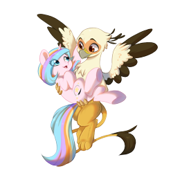 Size: 1500x1500 | Tagged: safe, artist:oofycolorful, artist:vistamage, derpibooru exclusive, oc, oc only, oc:oofy colorful, oc:vistamage, griffon, pony, unicorn, 2021 community collab, derpibooru community collaboration, bridal carry, carrying, couple, female, flying, holding a pony, male, oc x oc, oofymage, shipping, simple background, straight, transparent background