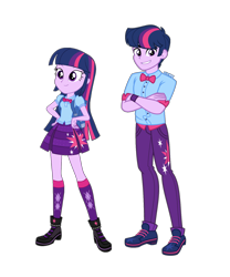Size: 1316x1579 | Tagged: safe, artist:orin331, edit, twilight sparkle, equestria girls, equestria girls series, g4, boots, bowtie, clothes, cutie mark, cutie mark on clothes, dusk shine, equestria guys, female, male, pants, r63 paradox, rule 63, self paradox, shoes, simple background, skirt, socks, transparent background
