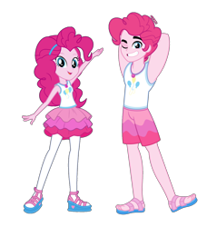 Size: 1316x1379 | Tagged: safe, artist:orin331, edit, pinkie pie, equestria girls, equestria girls series, g4, ankles, arm behind head, armpits, arms in the air, bubble berry, clothes, cutie mark, cutie mark on clothes, equestria guys, feet, geode of sugar bombs, grin, handsome, magical geodes, one eye closed, r63 paradox, rule 63, sandals, shoes, shorts, simple background, skirt, smiling, tank top, transparent background, wink