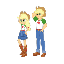 Size: 1316x1316 | Tagged: safe, artist:orin331, edit, applejack, equestria girls, equestria girls series, g4, applejack (male), arm behind head, belt, boots, clothes, cowboy, cowboy boots, cowgirl, cutie mark, cutie mark on clothes, equestria guys, female, geode of super strength, hand on hip, handsome, jeans, magical geodes, male, pants, r63 paradox, rule 63, self paradox, shirt, shoes, simple background, skirt, smiling, transparent background