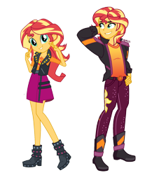 Size: 1316x1448 | Tagged: safe, artist:orin331, edit, sunset shimmer, equestria girls, equestria girls series, g4, arm behind head, arms in the air, boots, clothes, cutie mark, cutie mark on clothes, equestria guys, female, geode of empathy, grin, hand on hip, handsome, happy, jacket, legs, magical geodes, male, pants, r63 paradox, rule 63, self paradox, shirt, shoes, simple background, skirt, smiling, sunset glare, transparent background