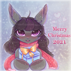 Size: 1300x1300 | Tagged: safe, artist:saltyvity, oc, bat pony, pony, 2021, bat pony oc, bat wings, christmas, clothes, happy new year, holiday, merry christmas, present, scarf, snow, solo, wings