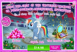 Size: 1036x698 | Tagged: safe, gameloft, screencap, rainbow dash, pegasus, pony, g4, official, advertisement, among us, astrodash, astronaut, astronaut rainbow dash, captain dash, clothes, costs real money, costume, gem, introduction card, mirror, sale, spacesuit, sus (among us), time traveler's mirror