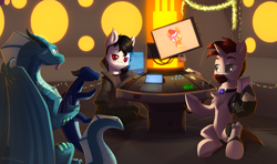 Size: 3200x1900 | Tagged: safe, artist:shido-tara, oc, oc only, oc:6-9, oc:day dream(cyberpony), dragon, crossover, new year, plushie, tardis console room, wings of fire (book series)