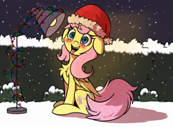 Size: 1597x1174 | Tagged: safe, artist:la hum, fluttershy, pegasus, pony, g4, blushing, chest fluff, christmas, christmas lights, cute, female, floppy ears, folded wings, hat, heat lamp, holiday, lamp, mare, open mouth, outdoors, santa hat, shyabetes, sitting, smiling, snow, solo, tongue out, wings, winter