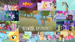 Size: 1984x1116 | Tagged: safe, edit, edited screencap, editor:quoterific, screencap, apple bloom, applejack, diamond tiara, discord, fluttershy, granny smith, pinkie pie, pound cake, pumpkin cake, rainbow dash, rarity, scootaloo, spike, starlight glimmer, sweetie belle, twilight sparkle, alicorn, phoenix, pony, a friend in deed, baby cakes, fall weather friends, g4, keep calm and flutter on, made in manehattan, make new friends but keep discord, one bad apple, ponyville confidential, testing testing 1-2-3, the ending of the end, where the apple lies, cutie mark crusaders, golden oaks library, mane six, tongue out, twilight sparkle (alicorn), twilight's castle