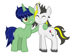 Size: 4300x3300 | Tagged: safe, artist:gabosor, derpibooru exclusive, oc, oc:gabosor, oc:up-world, pony, unicorn, 2021 community collab, derpibooru community collaboration, digital art, duo, grin, group hug, hug, looking at you, male, meta, one eye closed, ponysona, show accurate, simple background, smiling, stallion, standing, transparent background, vector, wink