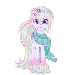 Size: 3000x3000 | Tagged: safe, artist:umbrapone, oc, oc only, oc:bass-beat, earth pony, pony, 2021 community collab, derpibooru community collaboration, butt freckles, clothes, earth pony oc, female, freckles, hairclip, hairpin, high res, looking at you, mare, scarf, short mane, simple background, solo, standing, stripes, transparent background, unshorn fetlocks
