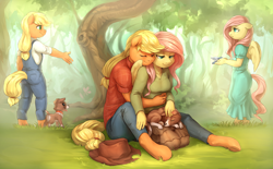 Size: 4172x2588 | Tagged: safe, alternate version, artist:audrarius, derpibooru exclusive, applejack, fluttershy, winona, bird, dog, anthro, unguligrade anthro, g4, applejack's hat, blushing, breasts, clothes, colored pupils, cowboy hat, cute, dress, eyes closed, female, flashback, floppy ears, forest, hat, hug, hug from behind, implied tail hole, jackabetes, jeans, lesbian, lidded eyes, looking down, overalls, pants, petting, scenery, ship:appleshy, shipping, shirt, shyabetes, sweater, sweatershy, tongue out, younger