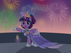 Size: 1600x1200 | Tagged: safe, artist:mew-me, twilight sparkle, alicorn, pony, the last problem, 2021, champagne glass, clothes, coronation dress, crown, dress, ear piercing, earring, fireworks, glowing horn, happy new year, holiday, hoof shoes, horn, jewelry, magic, open mouth, piercing, regalia, second coronation dress, solo, telekinesis, twilight sparkle (alicorn)
