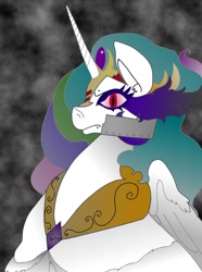 Size: 732x985 | Tagged: safe, artist:keriwi1, artist:themajortechie, colorist:themajortechie, editor:themajortechie, idw, princess celestia, alicorn, pony, fanfic:spacebound equestria: fall of a nation, g4, reflections, spoiler:comic, armor, black background, cape, clothes, corrupted, corrupted celestia, crown, dark, dark magic, dark queen, digitally colored, empress celestia, evil celestia, evil counterpart, evilestia, fanfic, fanfic art, fanfic cover, female, fimfiction, fimfiction.net link, helmet, horn, jewelry, magic, mirror universe, peytral, possessed, possession, red eye, regalia, robe, simple background, smog, solo, sombra eyes, sombra's cape, sombra's robe, tiara, traditional art, tyrant celestia, wavy hair