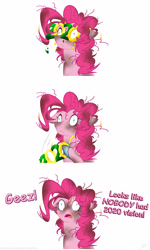 Size: 2550x4245 | Tagged: safe, artist:grievousfan, pinkie pie, earth pony, pony, g4, 2020, 2020 hate, comic, d:, derp, dialogue, dirty, female, fire, floppy ears, frown, glasses, glasses off, hoof hold, looking at you, mare, messy mane, on fire, open mouth, pun, simple background, solo, talking to viewer, white background, wide eyes