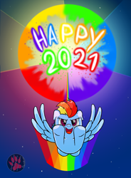 Size: 2800x3800 | Tagged: safe, artist:darkprinceismyname, rainbow dash, pegasus, pony, g4, 2021, happy new year, high res, holiday, night, open mouth, solo, sonic rainboom