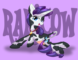 Size: 2600x2000 | Tagged: safe, artist:geraritydevillefort, rarity, cow, cow pony, original species, pony, unicorn, g4, bell, cowbell, cowified, high res, horn, open mouth, raricow, solo, species swap, udder