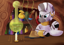 Size: 2800x2000 | Tagged: safe, artist:sixes&sevens, zecora, g4, alchemy, alembic flask, candle, erlenmeyer flask, flask, high res, mortar and pestle, potion, zecora's hut