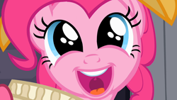 Size: 1920x1080 | Tagged: safe, screencap, chancellor puddinghead, pinkie pie, earth pony, pony, g4, hearth's warming eve (episode), brilliant, brilliant face, close-up, cute, diapinkes, excited, female, happy, looking at you, mare, open mouth, reaction image, solo