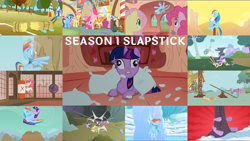 Size: 1964x1105 | Tagged: safe, edit, edited screencap, editor:quoterific, screencap, apple bloom, apple cobbler, applejack, berry punch, berryshine, fluttershy, gala appleby, minuette, pinkie pie, rainbow dash, rarity, twilight sparkle, a bird in the hoof, a dog and pony show, bridle gossip, call of the cutie, dragonshy, fall weather friends, feeling pinkie keen, g4, griffon the brush off, look before you sleep, season 1, sonic rainboom (episode), winter wrap up, anvil, apple family member, collage, derp, feather, golden oaks library, hay bale, mane six, pillow, slapstick