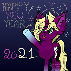 Size: 1000x1000 | Tagged: safe, artist:spiroudada, oc, oc only, oc:velvet sky, pony, unicorn, 2021, female, fireworks, happy new year, holiday, new year, open mouth, raised hoof, solo