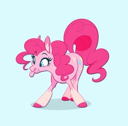 Size: 1200x1181 | Tagged: safe, artist:probablyfakeblonde, part of a set, pinkie pie, earth pony, pony, :p, alternate design, blue background, colored pupils, cute, diapinkes, ear fluff, female, mare, ponk, silly, simple background, smiling, solo, tongue out
