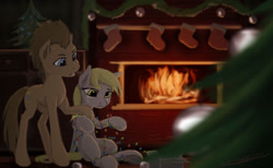 Size: 1280x790 | Tagged: safe, artist:vladimir-olegovych, derpy hooves, doctor whooves, time turner, earth pony, pegasus, pony, g4, christmas, christmas lights, christmas tree, crying, duo, fireplace, holiday, tree