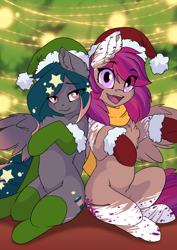 Size: 2480x3508 | Tagged: safe, artist:arctic-fox, oc, oc only, oc:asteroid trail, oc:star universe, pegasus, pony, back to back, bedroom eyes, christmas, christmas lights, christmas tree, clothes, cute, duo, eye clipping through hair, female, hat, high res, holiday, santa hat, seductive, spread wings, stockings, thigh highs, tree, wings