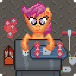 Size: 384x384 | Tagged: safe, artist:nitobit, derpibooru exclusive, scootaloo, pegasus, pony, g4, animated, cute, cutealoo, desk, female, filly, fixing, gif, pixel art, scooter, solo, sparks, switch, toolbox, tools, upgrade, wheel, wires