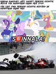 Size: 1921x2538 | Tagged: safe, princess celestia, starlight glimmer, twilight sparkle, alicorn, pony, g4, background pony, car, circuit de spa francorchamps, cloudsdale international raceway, crash, formula 1, meme, motorsport, race track, racecar, s🅱️innala, twilight sparkle (alicorn), 🅱