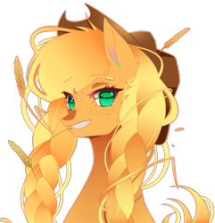 Size: 1884x1958 | Tagged: safe, artist:clefficia, applejack, earth pony, pony, g4, braid, bust, cowboy hat, female, food, hat, mare, portrait, simple background, solo, straw in mouth, transparent background, wheat