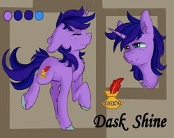 Size: 1942x1539 | Tagged: safe, artist:yuris, oc, oc only, oc:dask shine, pony, unicorn, abstract background, floppy ears, horn, reference sheet, solo, unicorn oc