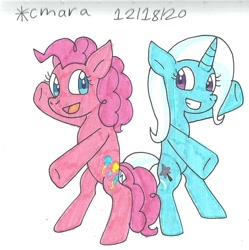 Size: 1042x1048 | Tagged: safe, artist:cmara, pinkie pie, trixie, earth pony, pony, unicorn, g4, bipedal, duo, female, grin, mare, open mouth, raised hoof, simple background, smiling, traditional art, white background