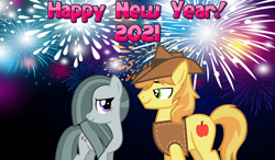 Size: 2064x1204 | Tagged: safe, anonymous artist, braeburn, marble pie, earth pony, pony, g4, 2021, braeble, female, fireworks, happy new year, holiday, looking at each other, male, new year, shipping, smiling, straight