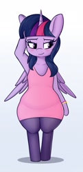 Size: 1175x2430 | Tagged: safe, artist:andelai, twilight sparkle, alicorn, semi-anthro, g4, arm hooves, aside glance, blushing, bracelet, chubby, chubby twilight, clothes, dress, female, horn, jewelry, leggings, plump, simple background, solo, twilight sparkle (alicorn), white background, wide hips, wings
