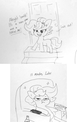Size: 1485x2348 | Tagged: safe, artist:tjpones, oc, oc only, oc:brownie bun, earth pony, pony, chair, chips, couch potato, expectation vs reality, female, food, grayscale, mare, monochrome, new year, pencil drawing, potato chips, sitting, sketch, solo, traditional art