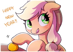 Size: 1457x1032 | Tagged: safe, artist:mochi_nation, applejack, earth pony, pony, g4, applejack's hat, cowboy hat, cute, female, floppy ears, food, freckles, happy new year, hat, holiday, jackabetes, mare, new year, orange, simple background, solo, table, tongue out, white background