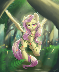 Size: 1600x1920 | Tagged: safe, artist:evedizzy26, fluttershy, pegasus, pony, g4, ponies of dark water, alternate eye color, bedroom eyes, crepuscular rays, female, flower, flying, forest, grin, lidded eyes, looking at you, mare, poison ivyshy, red eyes, slender, smiling, solo, spread wings, tangled up, thin, vine, wings