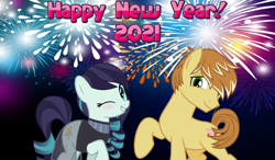 Size: 2064x1204 | Tagged: safe, anonymous artist, coloratura, feather bangs, earth pony, pony, g4, 2021, colorabangs, female, happy new year, holiday, male, one eye closed, shipping, smiling, straight, wink