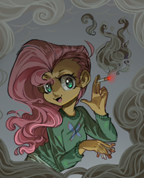 Size: 1000x1238 | Tagged: safe, artist:duckjifs246, fluttershy, human, equestria girls, g4, bust, cigarette, clothes, female, holding, humanized, looking at you, open mouth, portrait, smiling, smoke, smoking, solo, stray strand, sweater, sweatershy, turned head