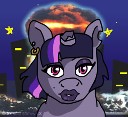 Size: 1280x1180 | Tagged: safe, artist:xskettigo-catloverx, twilight sparkle, pony, unicorn, fallout equestria, g4, broken horn, bust, crossover, female, horn, looking at you, mare, portrait, solo