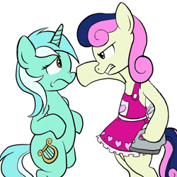 Size: 1000x1000 | Tagged: artist needed, safe, bon bon, lyra heartstrings, sweetie drops, earth pony, pony, unicorn, g4, angry, anti-shipping, apron, bipedal, bon bitch, boop, clothes, flat iron, frown, human shoulders, simple background, this will end in a night on the couch, white background